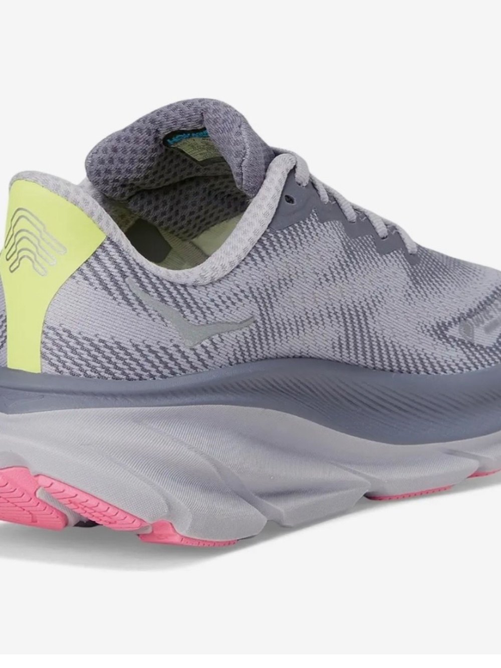 Hoka Women's Grey Mesh Slip-On with Pink Outsole and Lime Heel Tab - Picture 14 of 15